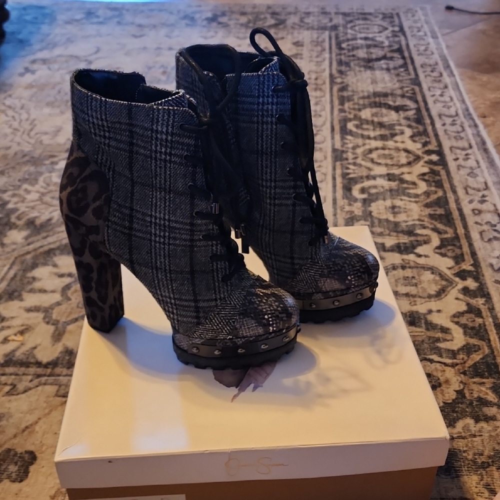 Jessica Simpson Black and Brown Plaid Heeled Boots